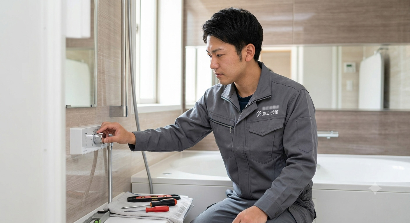 浴室設備を確認する施工スタッフ